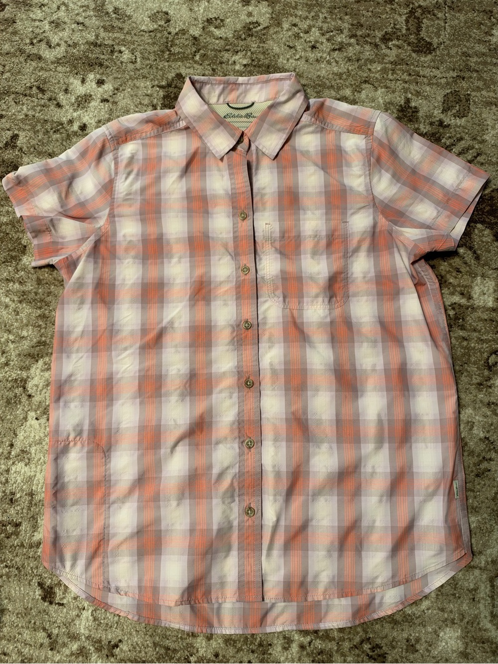 Eddie Bauer Coral and White Plaid Short-Sleeve Button-Down Shirt